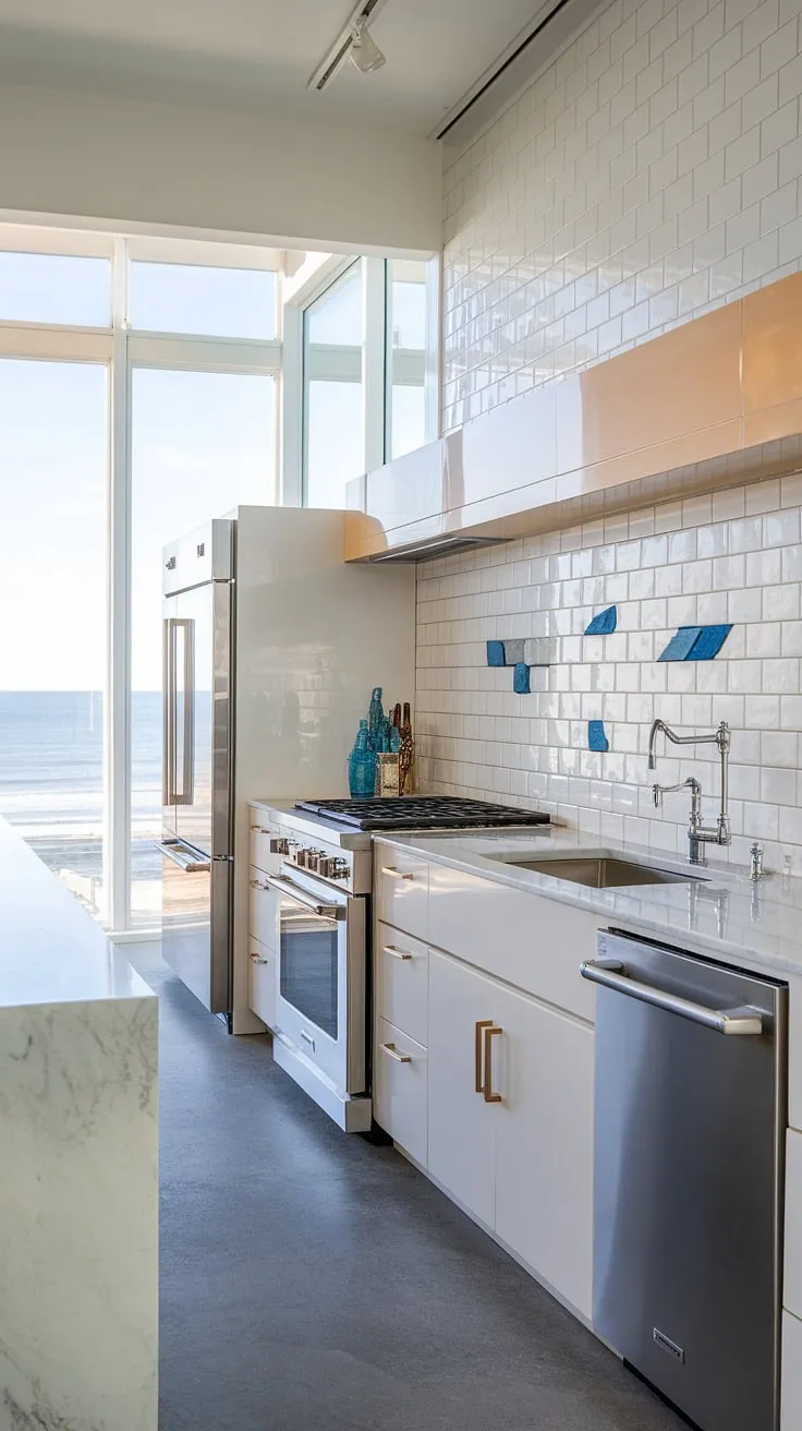 This modern coastal kitchen renovation perfectly captures the essence of relaxed beach living.  The design seamlessly blends modern coastal design interiors with stunning modern coastal kitchen backsplash ideas, creating a space that's both stylish and functional.  Get inspired for your own modern beach house kitchen ideas with this fresh take on modern coastal kitchens.