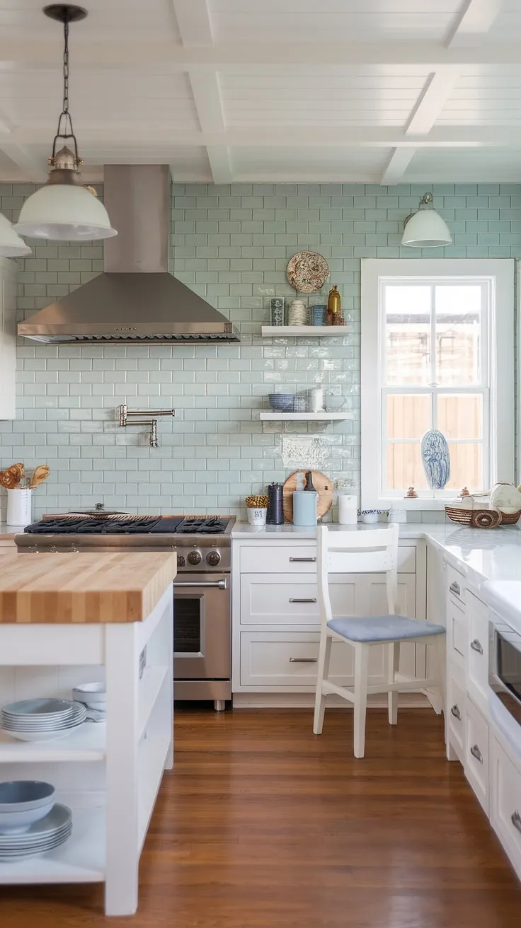 This modern coastal kitchen renovation perfectly captures the essence of modern beach house kitchen ideas.  The stunning backsplash is a key element in this modern coastal design interiors project, showcasing the best of modern coastal kitchens.