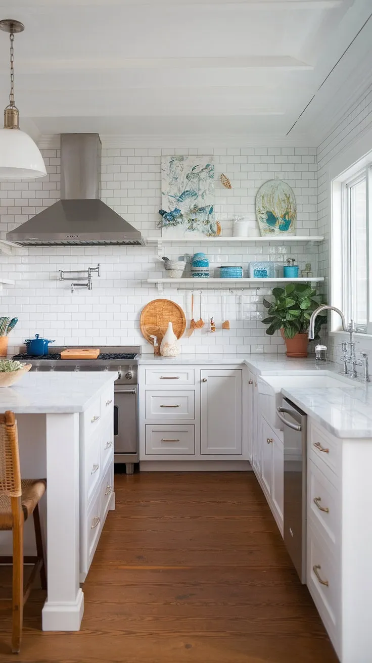This modern coastal kitchen renovation perfectly captures the essence of relaxed seaside living.  The design seamlessly blends modern coastal design interiors with stunning modern coastal kitchen backsplash ideas, creating a space that's both stylish and functional.  Get inspired for your own modern beach house kitchen ideas with this breathtaking example of modern coastal kitchens.