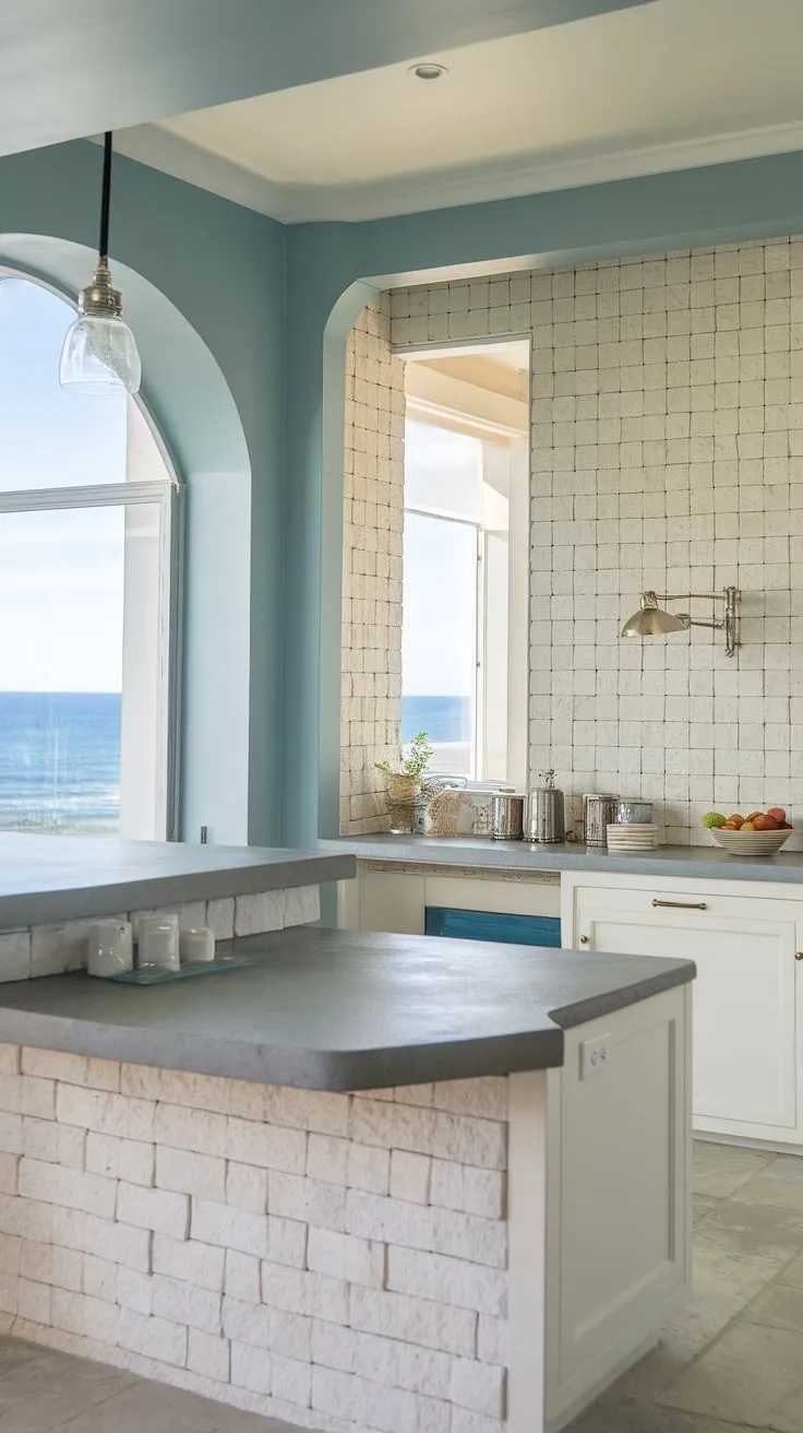 This modern coastal kitchen renovation perfectly captures the essence of relaxed beach living.  The stunning backsplash is a key element in this modern coastal design interiors scheme, showcasing the best of modern coastal kitchen ideas for a bright and airy space.  A dream come true for any modern coastal kitchens enthusiast.