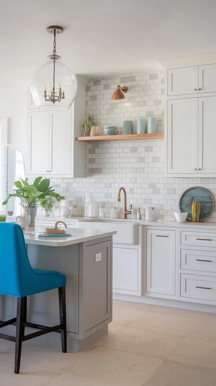 This modern coastal kitchen renovation perfectly captures the essence of relaxed coastal living.  The stunning backsplash is a key element in this modern coastal design interiors scheme, showcasing the best of modern beach house kitchen ideas and modern coastal kitchens.