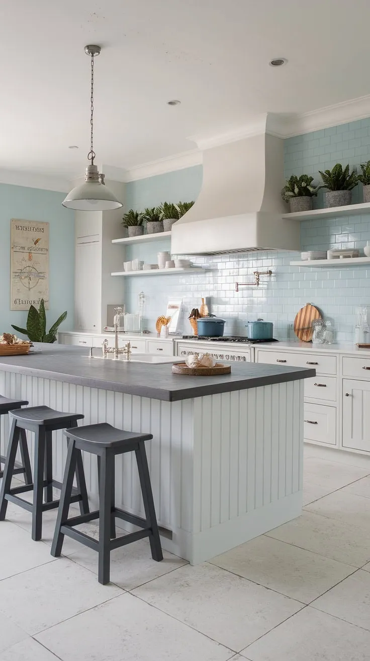 This modern coastal kitchen renovation perfectly captures the essence of relaxed beach living.  The stunning backsplash is a key element in this modern coastal design interiors scheme, showcasing the best of modern coastal kitchen ideas for a beach house kitchen.  The result? A bright, airy space that embodies the spirit of modern coastal kitchens.