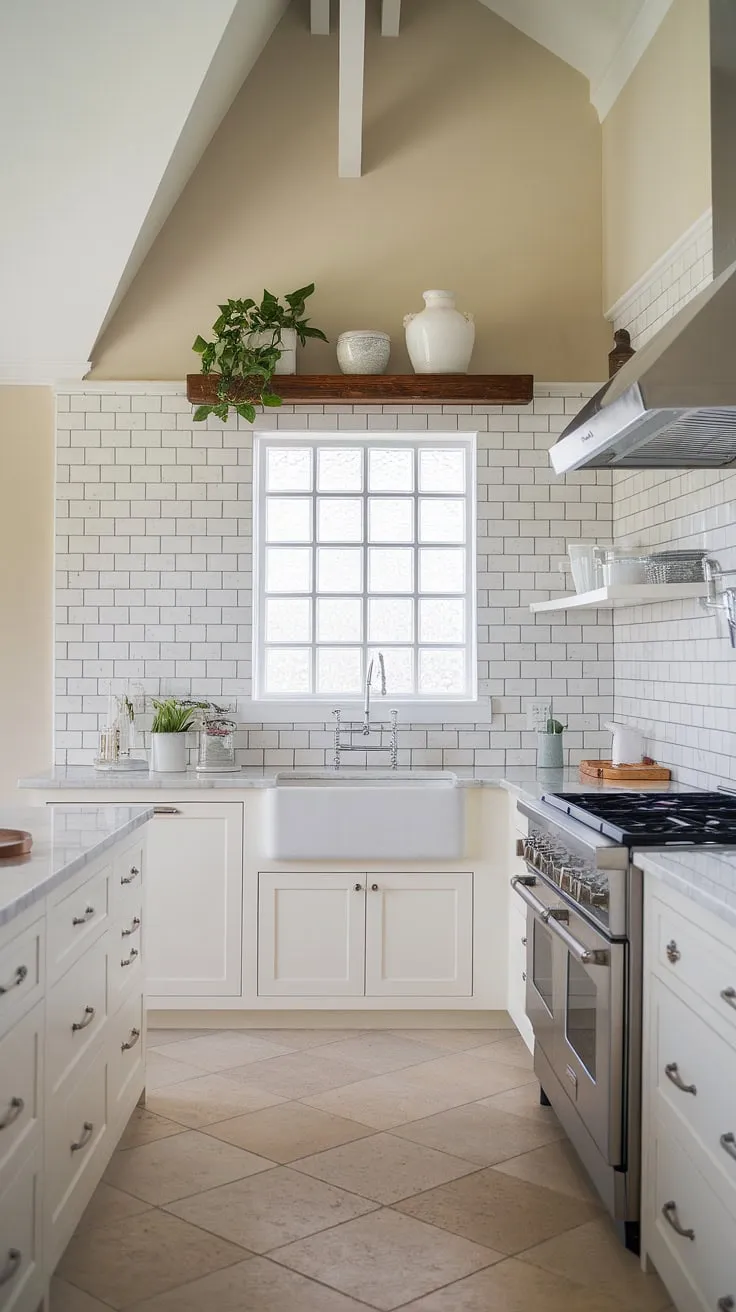 Modern coastal kitchens don't get much better than this.  The vaulted ceiling and charming window add character to this space, while the sleek stainless steel range hood and carefully chosen cabinetry exemplify modern coastal design interiors.  For modern coastal kitchen backsplash ideas, look no further than this beautiful example of a coastal kitchen renovation.