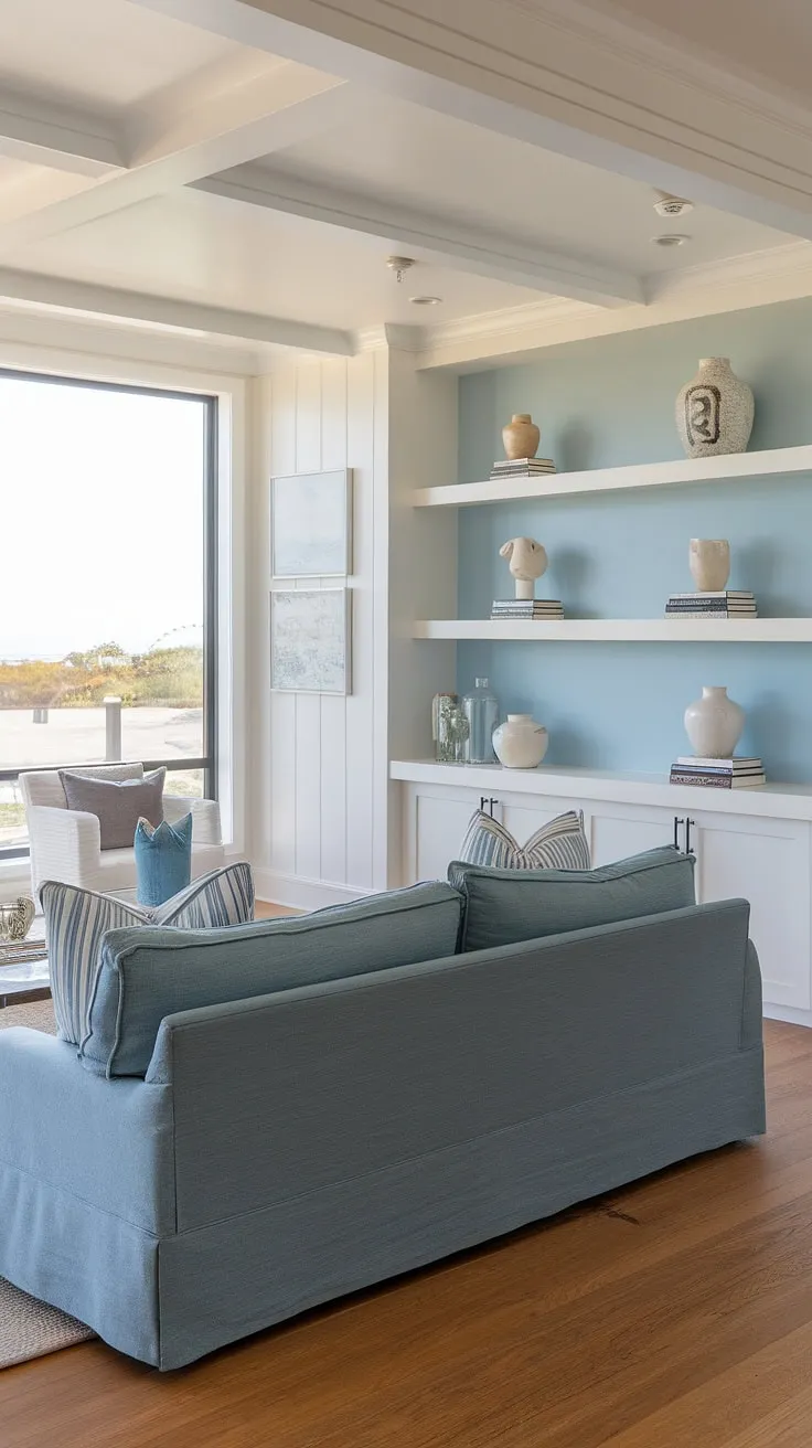 Bathed in sunlight, this warm coastal living room showcases the perfect blend of modern and transitional design.  The light blue coastal living room sofa anchors the space, creating a serene and inviting atmosphere that embodies coastal design living room perfection.
