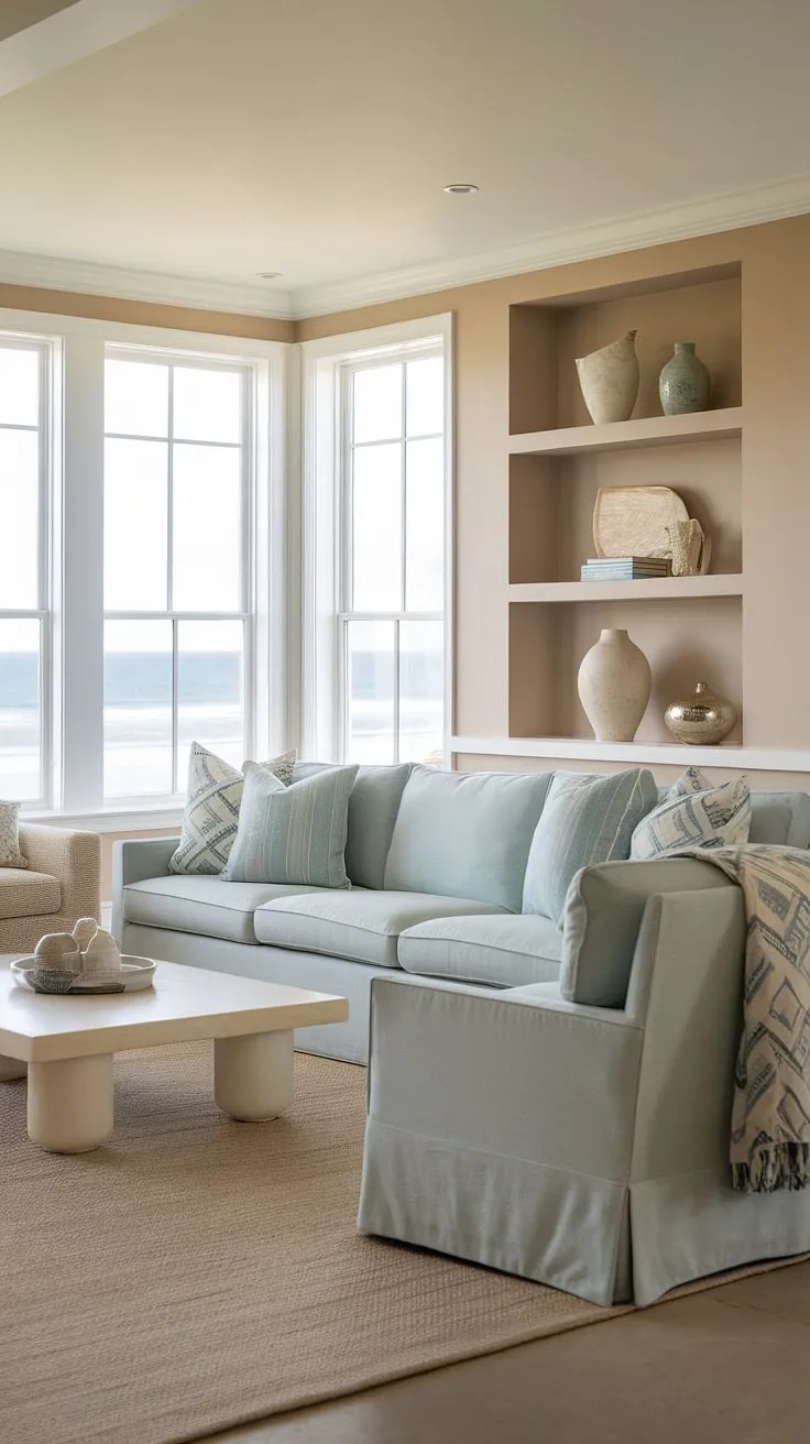 Escape to tranquility in this light blue coastal living room.  The coastal design living room features a modern aesthetic with warm tones and a breathtaking ocean view, making it the ultimate example of a transitional coastal living room.  The perfect blend of comfort and coastal charm.
