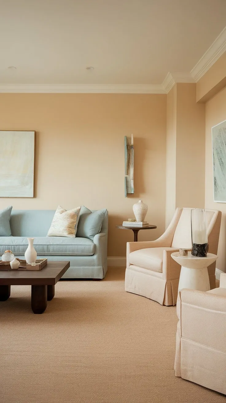 Bathed in sunlight, this warm coastal living room embodies modern coastal design.  The light blue coastal sofa anchors the space, creating a tranquil yet inviting atmosphere perfect for transitional coastal living.  A perfect blend of comfort and style for modern coastal living.