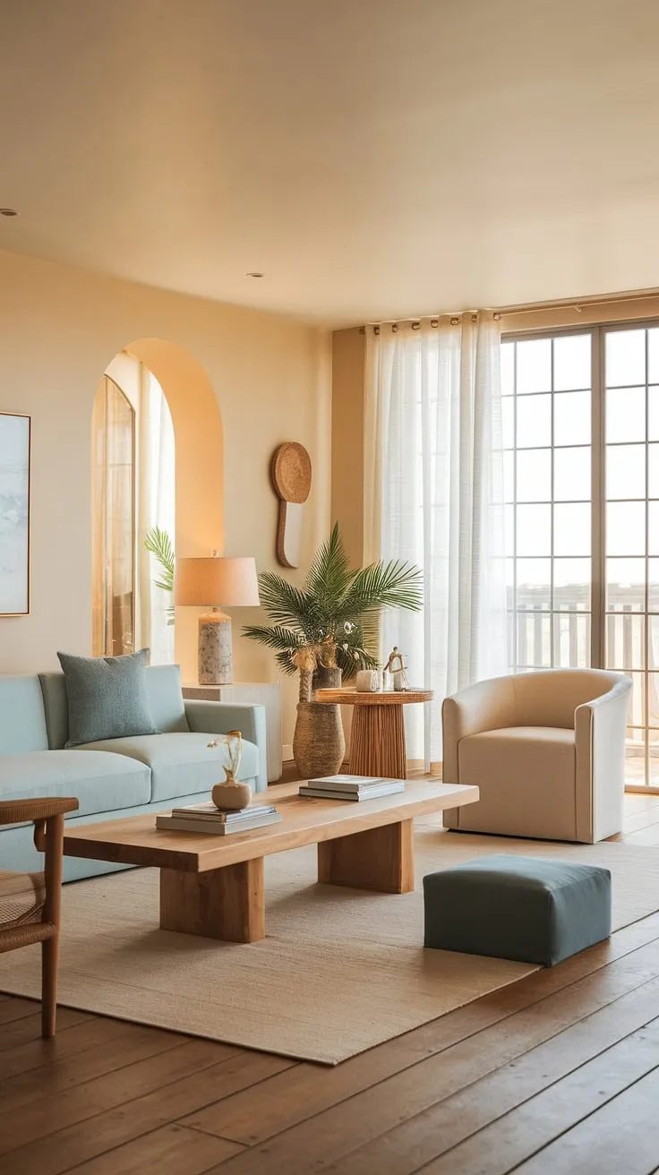 Bathed in warm sunlight, this modern coastal living room offers a tranquil escape. The light blue sofa, a key element in this coastal design living room, perfectly complements the beige armchair and wooden accents, creating a transitional coastal living room with undeniable charm.  This warm coastal living room is the epitome of relaxed coastal living rooms with blue sofa.