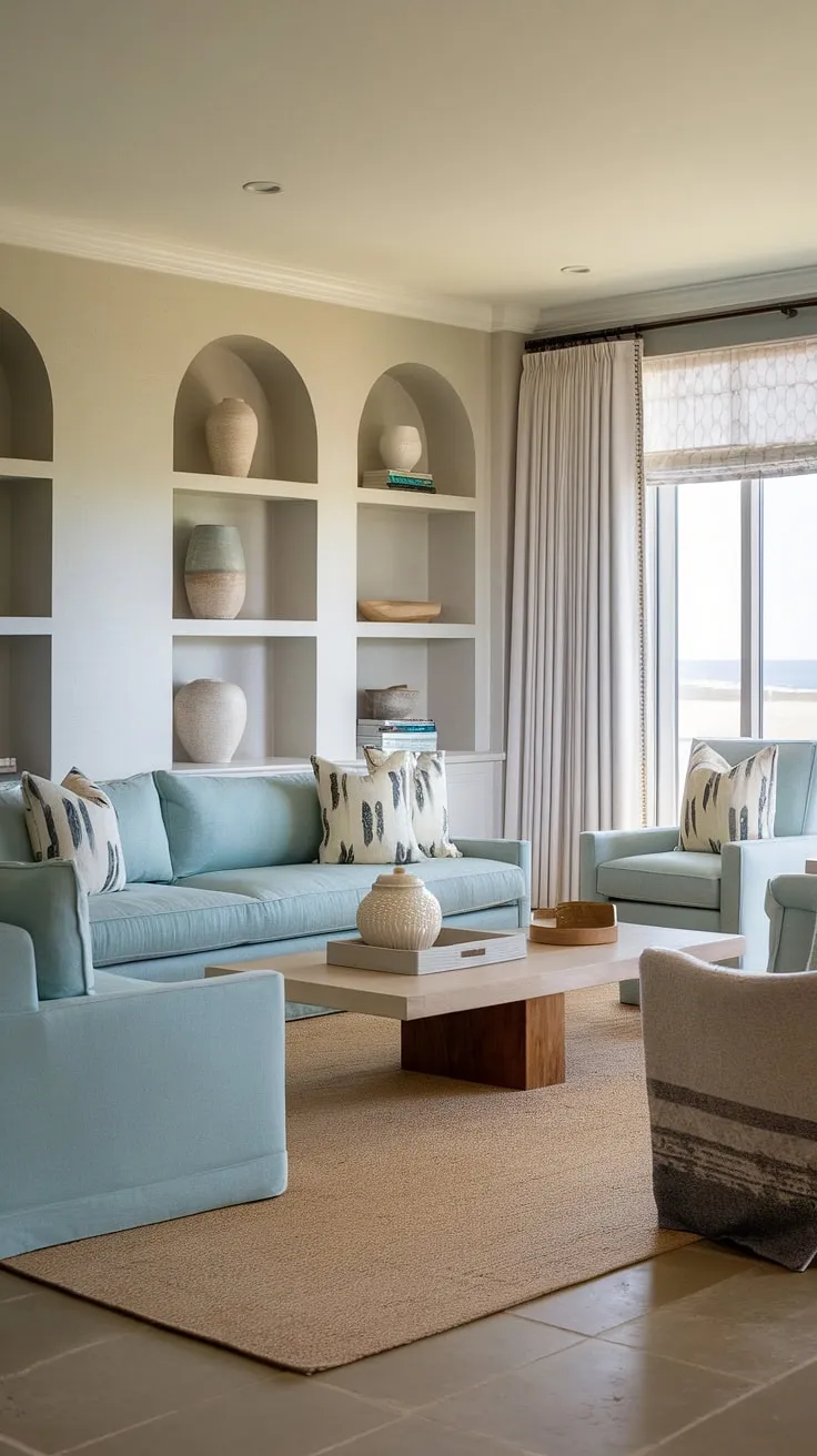 Bathed in sunlight, this warm coastal living room seamlessly blends modern and transitional styles.  The light blue coastal sofa anchors the space, creating a relaxed yet sophisticated atmosphere perfect for modern coastal living.  Coastal design details throughout complete the inviting ambiance.