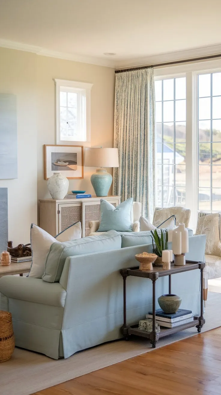 This modern coastal living room showcases the beauty of coastal design living rooms with blue sofa.  The light blue coastal living room's warm ambiance is enhanced by natural light and carefully chosen accents, creating a truly relaxing retreat.