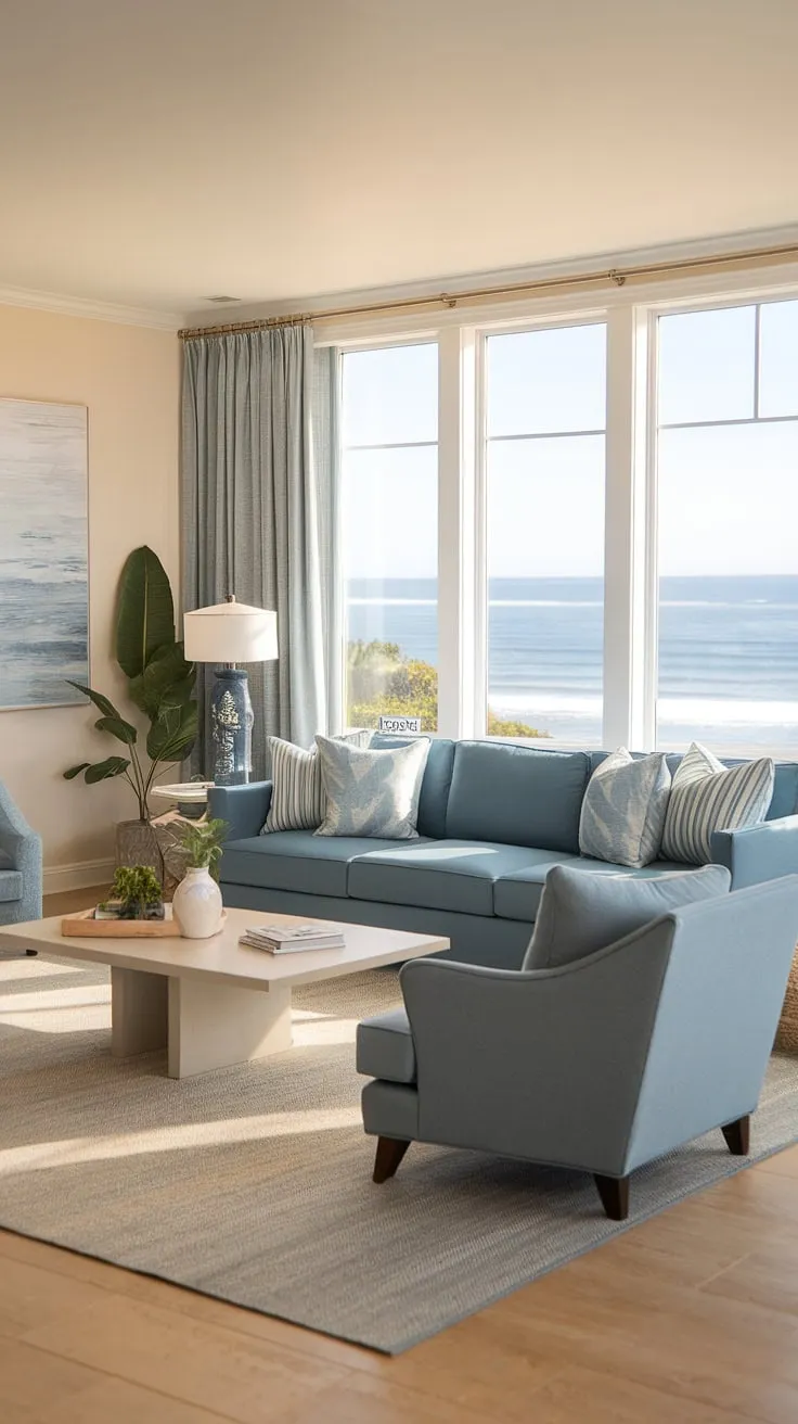 Bathed in sunlight, this warm coastal living room showcases the perfect blend of modern and transitional design.  The light blue coastal living room sofa anchors the space, creating a serene and inviting atmosphere reflective of coastal design living rooms at their finest.