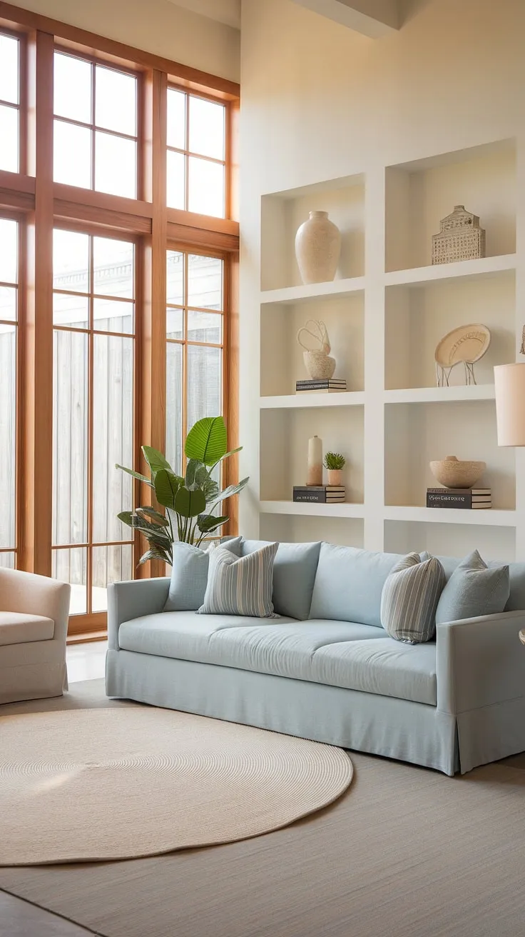 Sunlight streams into this warm coastal living room, highlighting the calming light blue sofa and the effortless elegance of the transitional coastal design.  The modern coastal living room's white shelves and round rug complete the look, creating a space that's both inviting and sophisticated.  Coastal living rooms with blue sofas rarely achieve this level of serene beauty.
