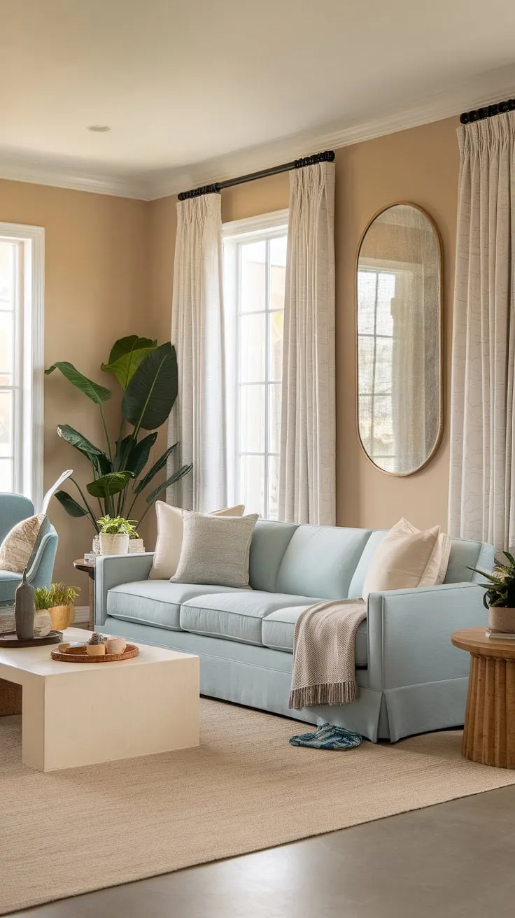 A light blue coastal living room, effortlessly chic. This modern coastal living room's design seamlessly blends coastal living rooms with blue sofa comfort and a warm, inviting ambiance, exemplifying transitional coastal living room style at its finest.