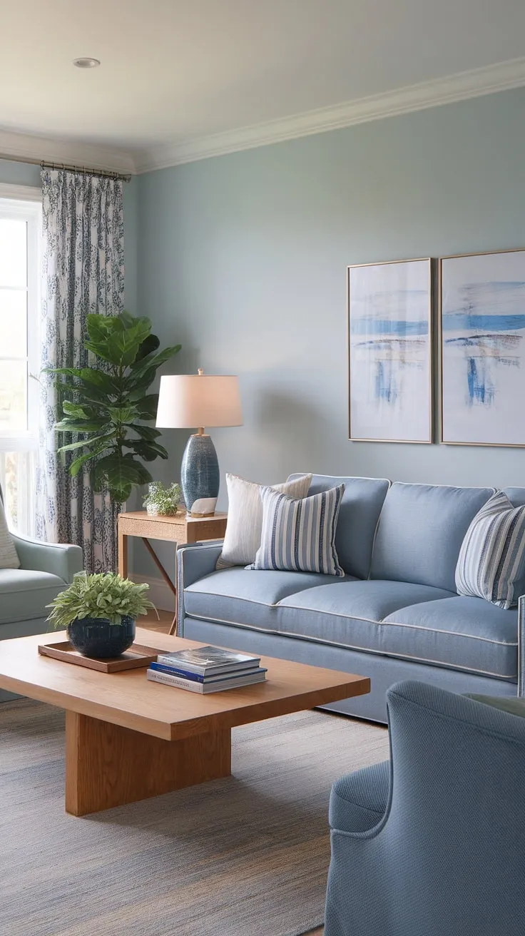 Bathed in sunlight, this warm coastal living room embodies modern coastal design.  The light blue coastal sofa anchors the space, creating a tranquil yet inviting atmosphere perfect for transitional coastal living.  A perfect blend of comfort and style for modern coastal living.