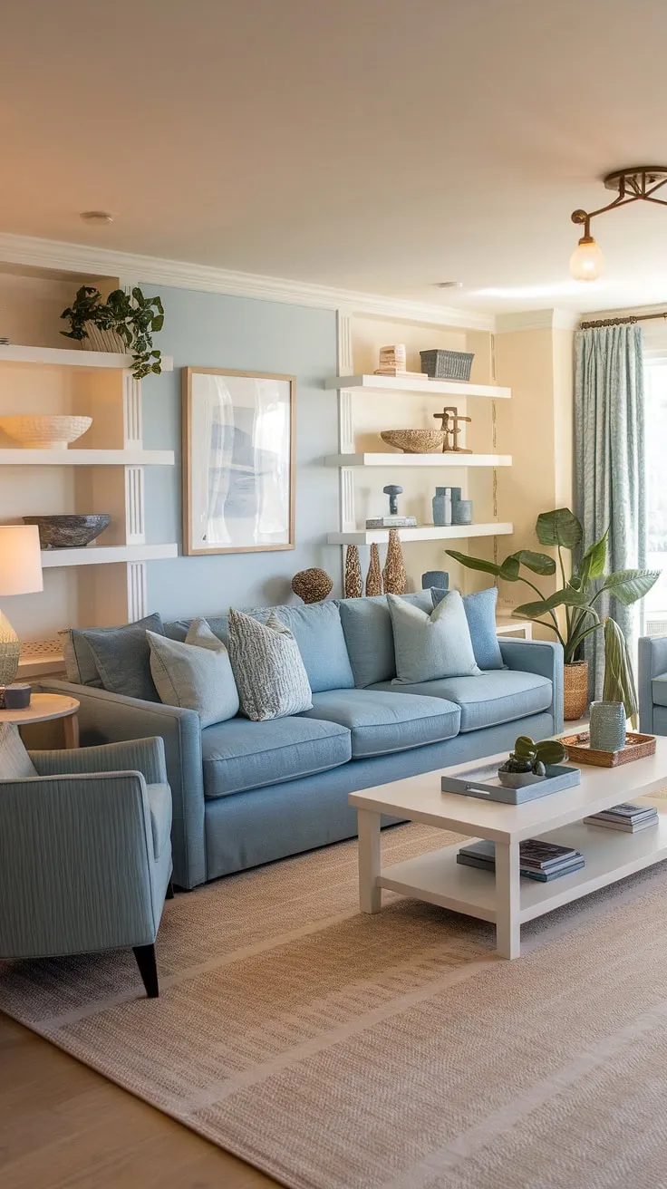 Bathed in sunlight, this warm coastal living room showcases the perfect blend of modern and transitional design.  The light blue coastal living room sofa anchors the space, creating a serene and inviting atmosphere perfect for modern coastal living.