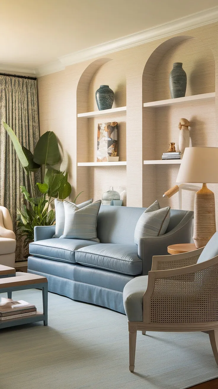Bathed in sunlight, this warm coastal living room showcases the perfect blend of modern and transitional design.  The light blue coastal living room sofa anchors the space, creating a serene and inviting atmosphere that embodies coastal design living room perfection.