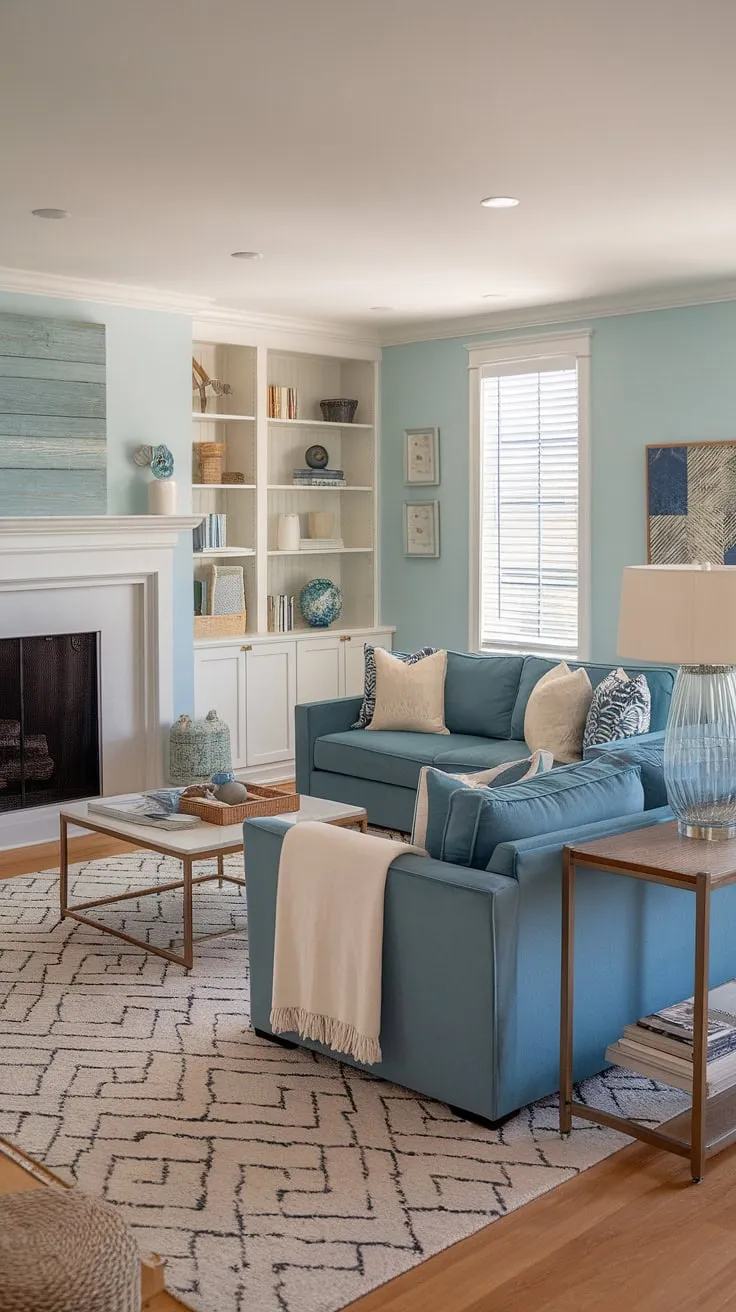 Bathed in sunlight, this warm coastal living room showcases the perfect blend of modern and transitional design.  The light blue coastal living room sofa anchors the space, creating a serene and inviting atmosphere that embodies coastal design living room perfection.