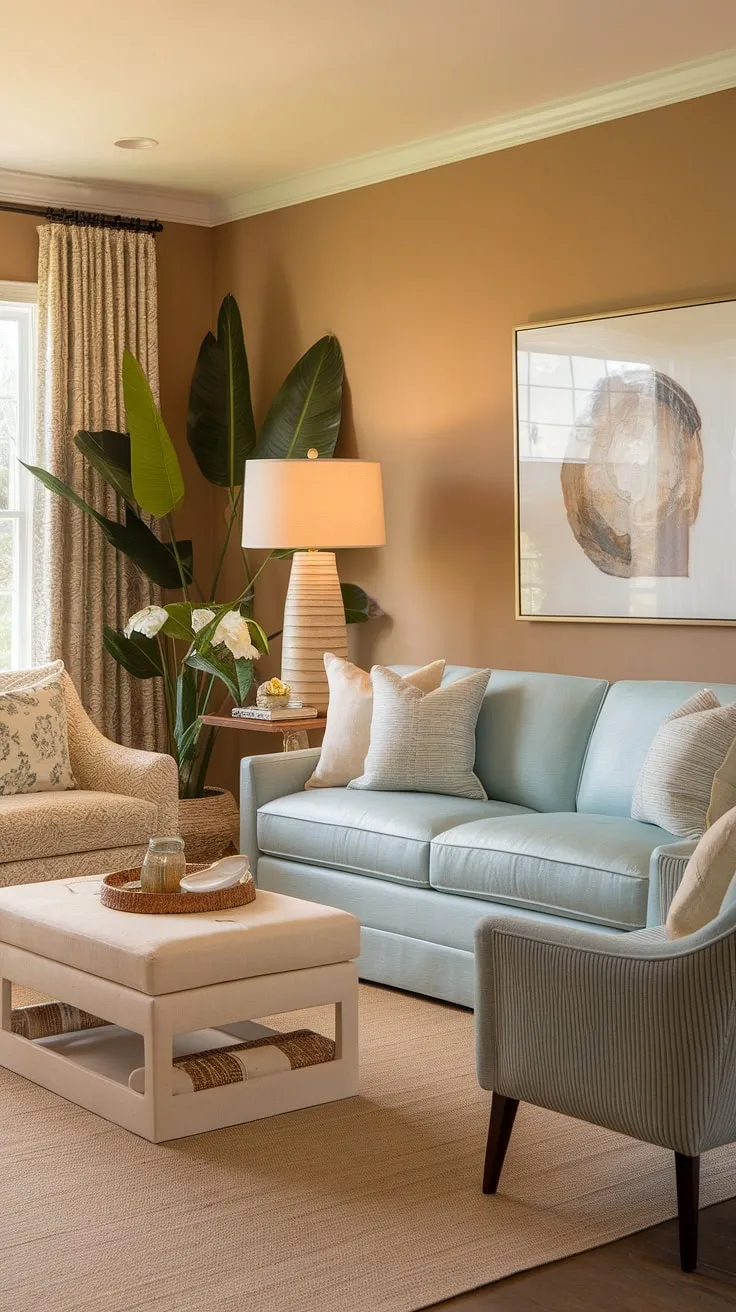 This warm coastal living room effortlessly blends modern and traditional elements. The light blue sofa anchors the space, complemented by a beige rug and coastal design furniture, creating a tranquil and inviting atmosphere.  A perfect example of a transitional coastal living room.