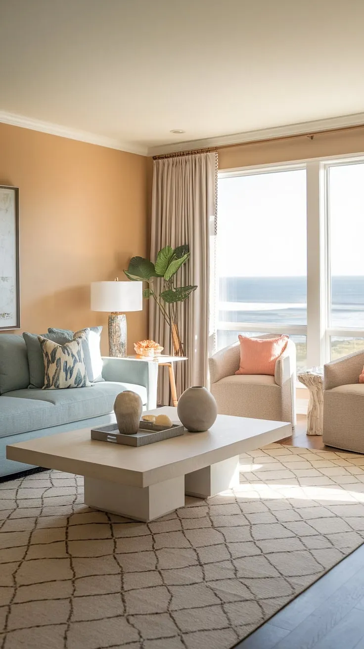 Bathed in sunlight, this warm coastal living room embodies modern coastal design. The light blue coastal sofa anchors the space, creating a tranquil yet inviting atmosphere perfect for transitional coastal living.  A testament to the beauty of modern coastal living rooms.