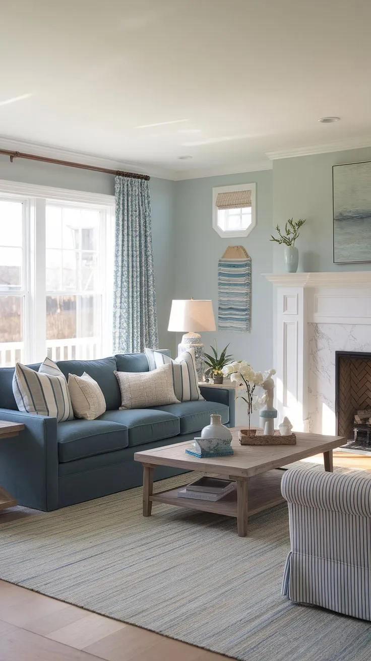 A light blue coastal living room, effortlessly chic. This modern coastal living room's transitional coastal design balances warmth and breezy coastal vibes, making it the ultimate space for relaxation and stylish coastal living rooms with blue sofa.