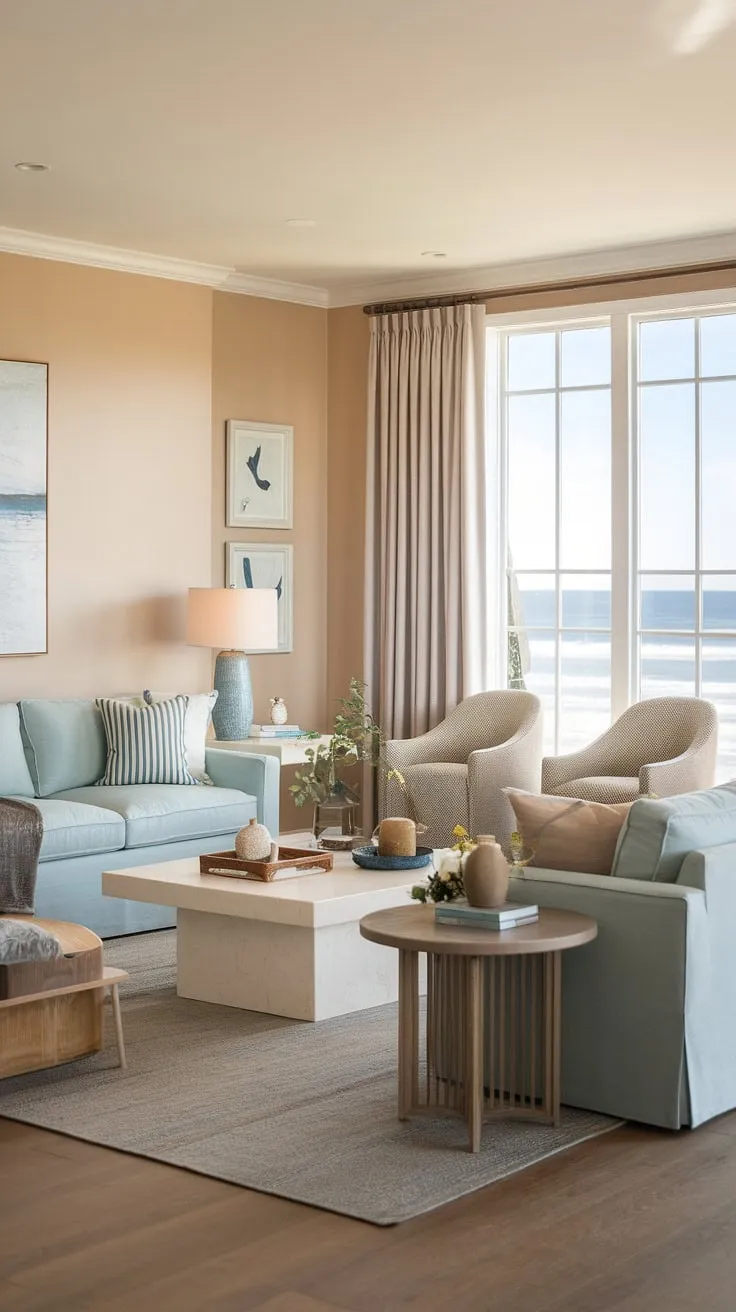 Bathed in sunlight, this warm coastal living room embodies modern coastal design.  The light blue coastal sofa anchors the space, creating a tranquil yet inviting atmosphere perfect for transitional coastal living.  A perfect blend of comfort and style for modern coastal living.