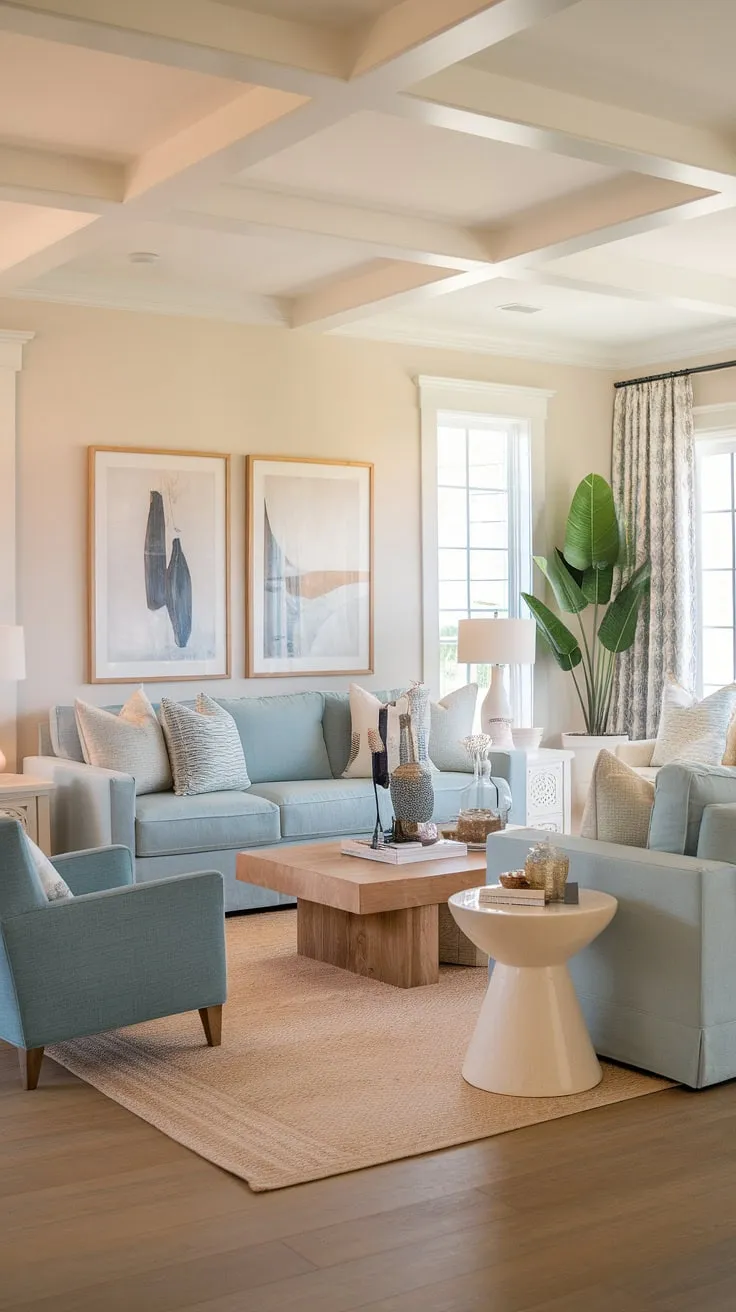 A light blue coastal living room, effortlessly chic. This modern coastal living room's design balances warmth and coastal charm, making it the ideal space for relaxation and stylish coastal living rooms with blue sofa comfort.