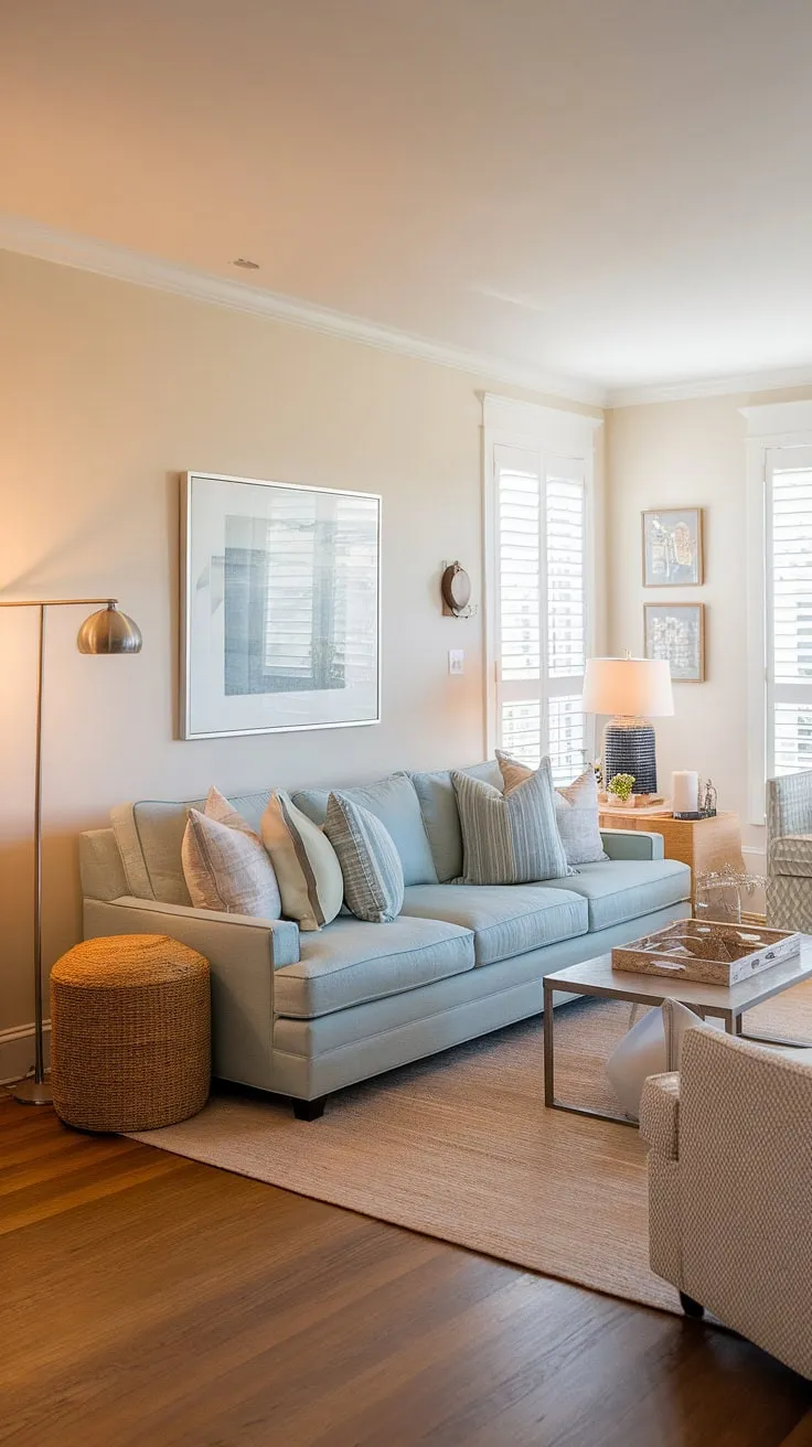 A light blue coastal living room, effortlessly chic. This modern coastal living room's design balances warmth and airy coastal vibes, making it the ultimate space for relaxation and coastal living rooms with blue sofa style.