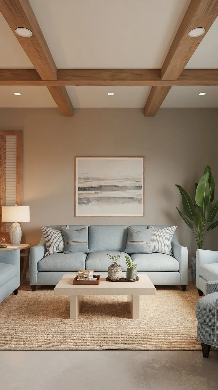 This warm coastal living room seamlessly blends modern and transitional styles. The light blue sofa is the perfect pop of color against the neutral palette, creating a serene and inviting atmosphere in this coastal design living room.  Coastal living rooms with blue sofas rarely achieve such a balanced and sophisticated look.