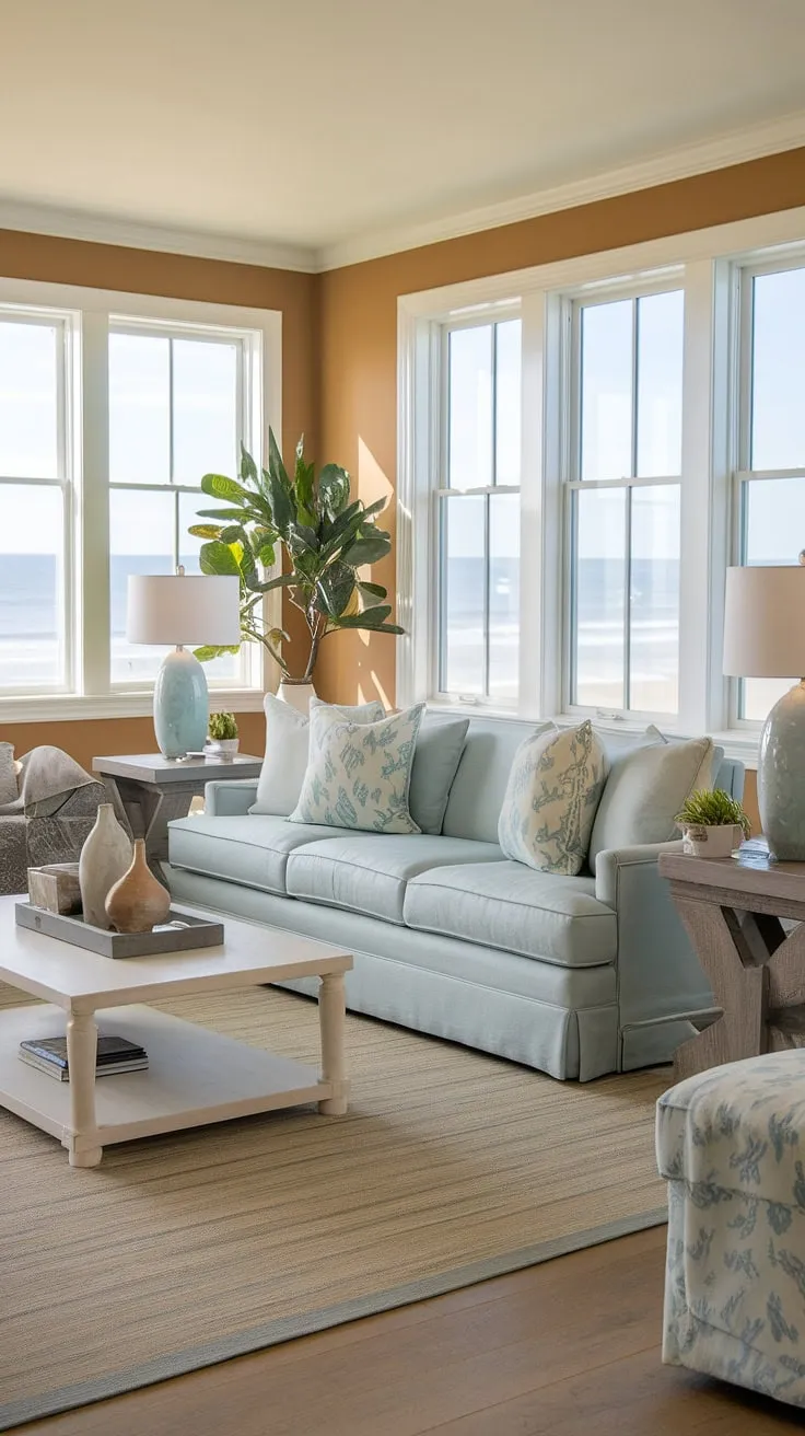 A light blue coastal living room, effortlessly chic. This modern coastal living room design balances comfort and style, featuring a stunning blue sofa that perfectly complements the warm, inviting ambiance of coastal living rooms with blue sofa.  The result is a transitional coastal living room that feels both relaxed and sophisticated.