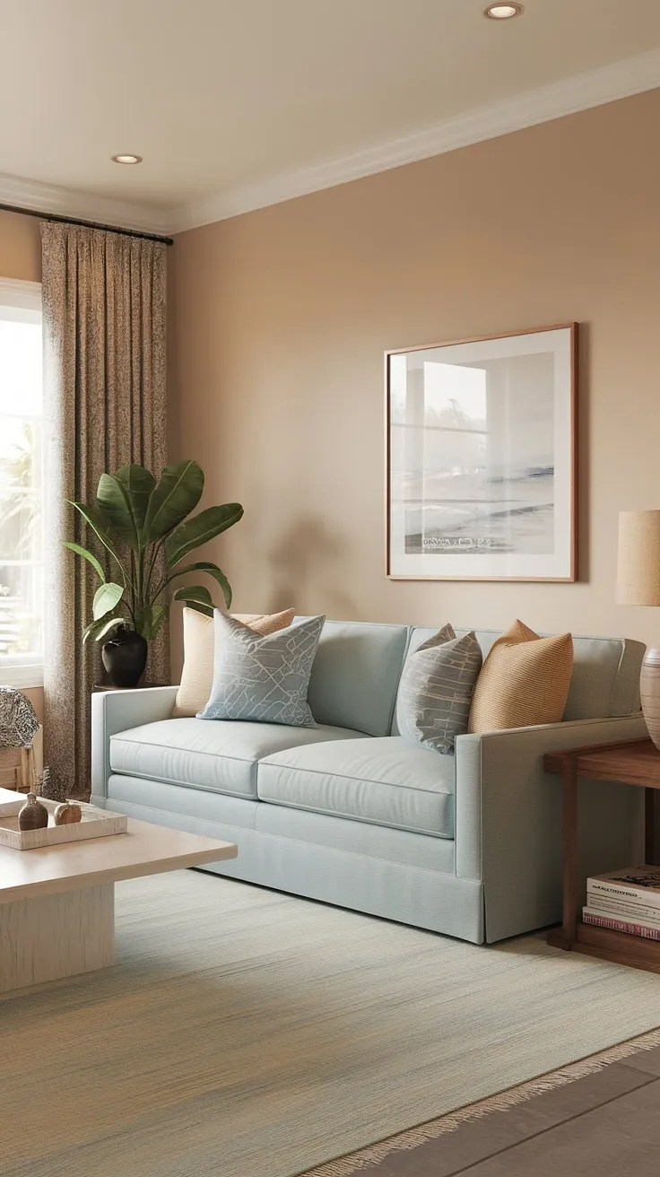 Bathed in sunlight, this warm coastal living room showcases the perfect blend of modern and transitional design.  The light blue coastal living room sofa anchors the space, creating a serene and inviting atmosphere perfect for modern coastal living.