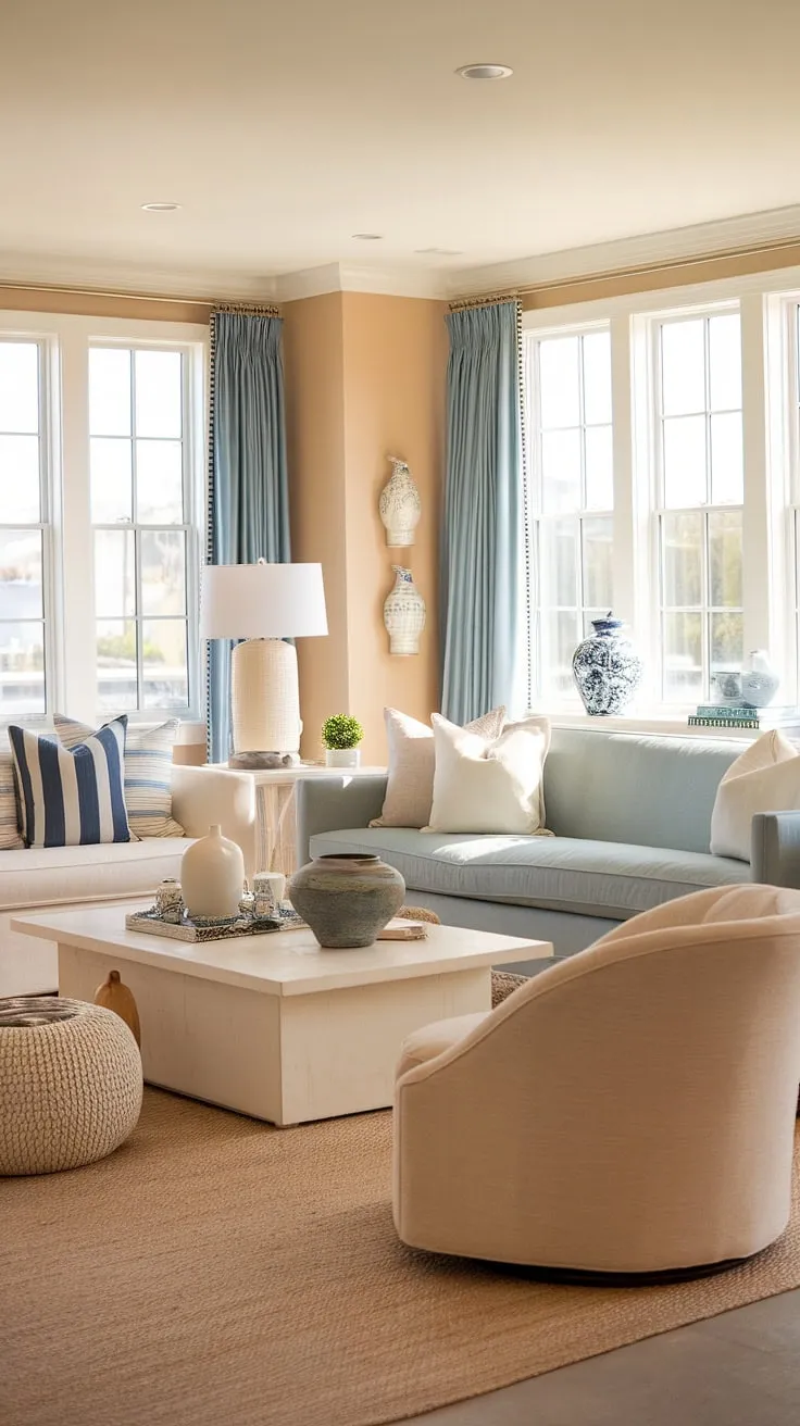 Bathed in sunlight, this warm coastal living room embodies modern coastal design.  The light blue coastal sofa anchors the space, creating a tranquil yet inviting atmosphere perfect for transitional coastal living.  A perfect blend of comfort and style for modern coastal living.