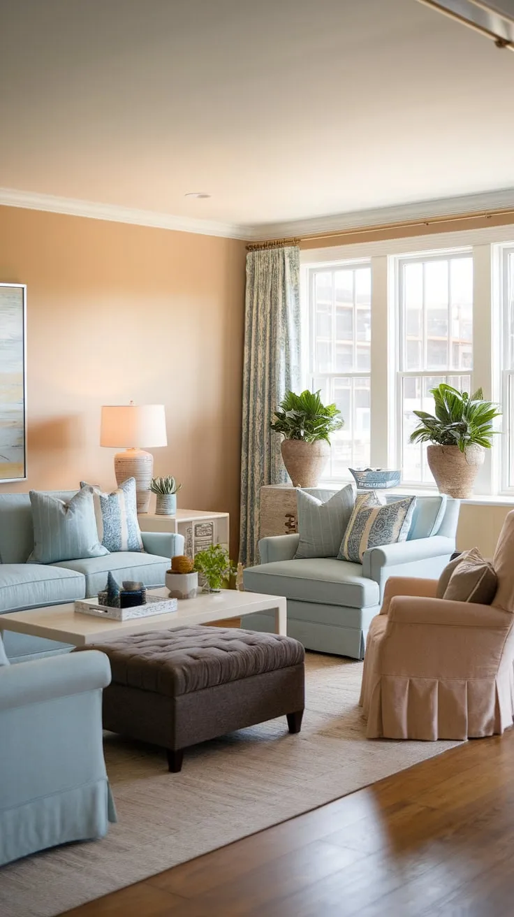 Bathed in sunlight, this warm coastal living room showcases the perfect blend of modern and transitional design.  The light blue coastal living room sofa anchors the space, creating a serene and inviting atmosphere that embodies coastal design living room perfection.