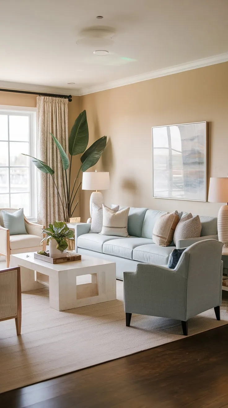 Bathed in sunlight, this warm coastal living room embodies modern coastal design.  The light blue coastal living room sofa anchors the space, creating a tranquil yet inviting atmosphere perfect for transitional coastal living.  Coastal living rooms don't get much better than this.