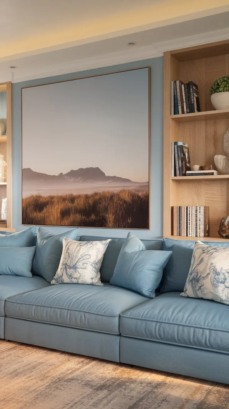 A light blue coastal living room, effortlessly chic. This modern coastal living room boasts a calming blue sofa, embodying the relaxed elegance of coastal living rooms with blue sofa, while maintaining a warm and inviting transitional coastal living room feel.