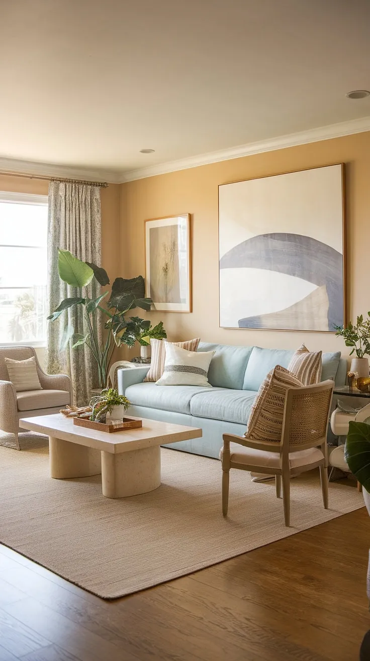 Bathed in sunlight, this warm coastal living room showcases the perfect blend of modern and transitional design.  The light blue coastal living room sofa anchors the space, creating a serene and inviting atmosphere perfect for modern coastal living.
