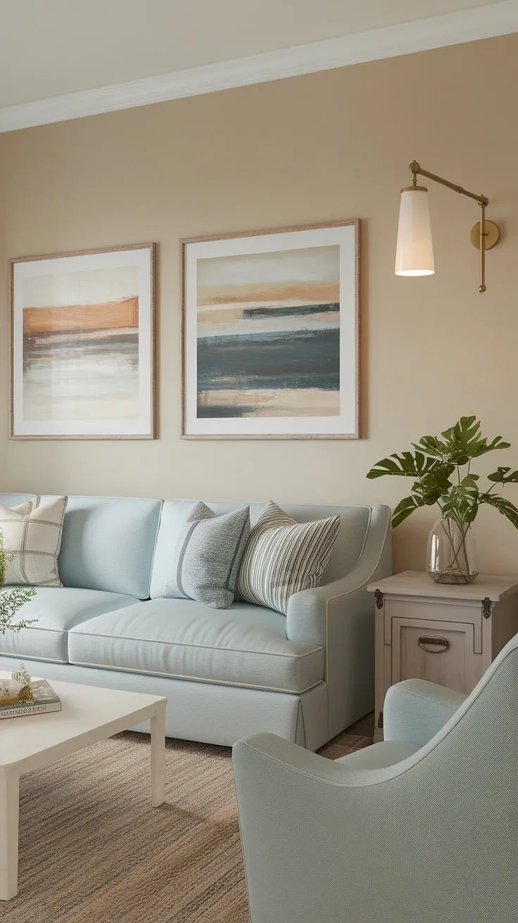 Bathed in sunlight, this warm coastal living room showcases the perfect blend of modern and transitional design.  The light blue coastal living room sofa anchors the space, creating a serene and inviting atmosphere that embodies coastal design living room perfection.
