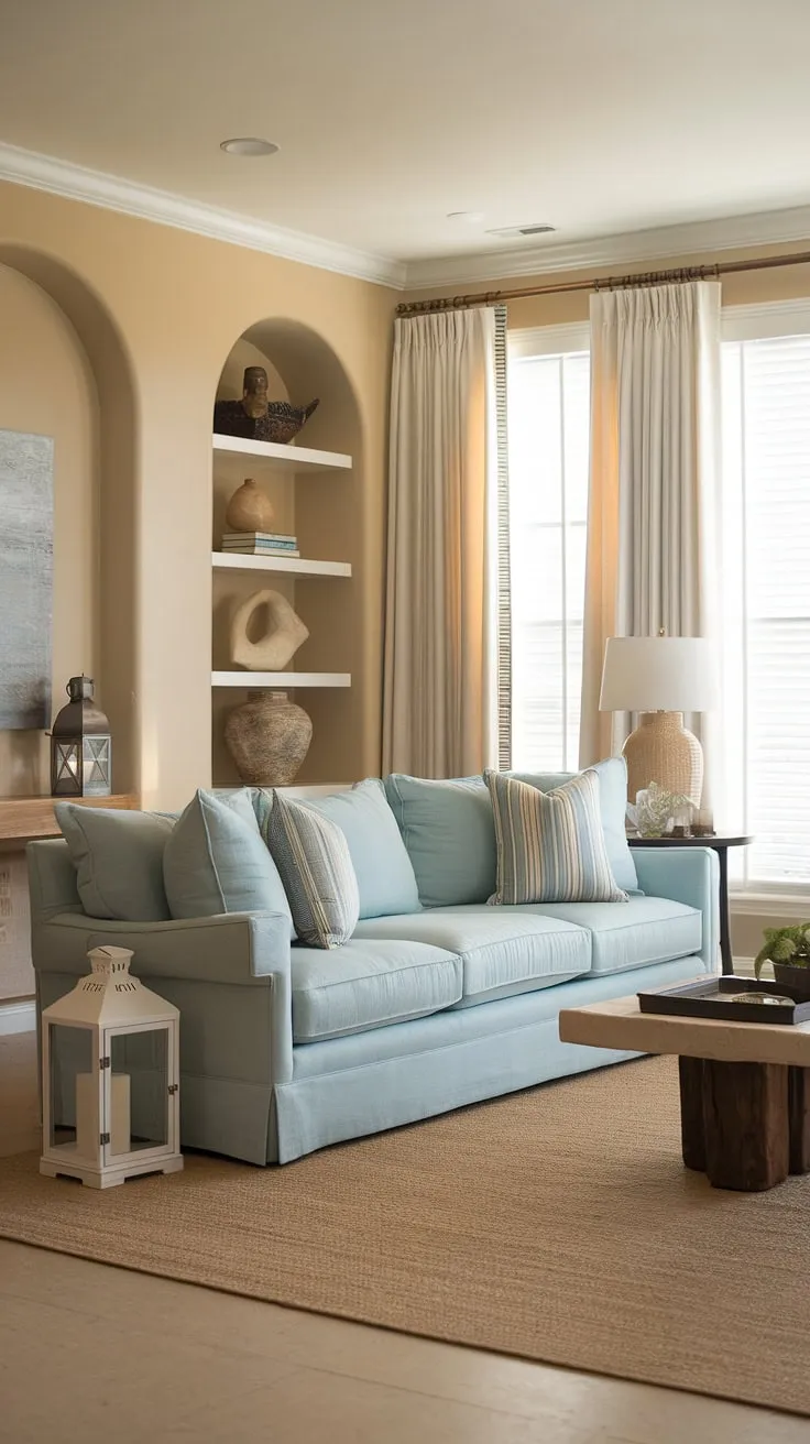 Escape to serenity in this warm coastal living room.  A light blue coastal living room, this space effortlessly combines coastal living rooms with blue sofa trends with a touch of modern elegance, making it the ultimate example of a transitional coastal living room.