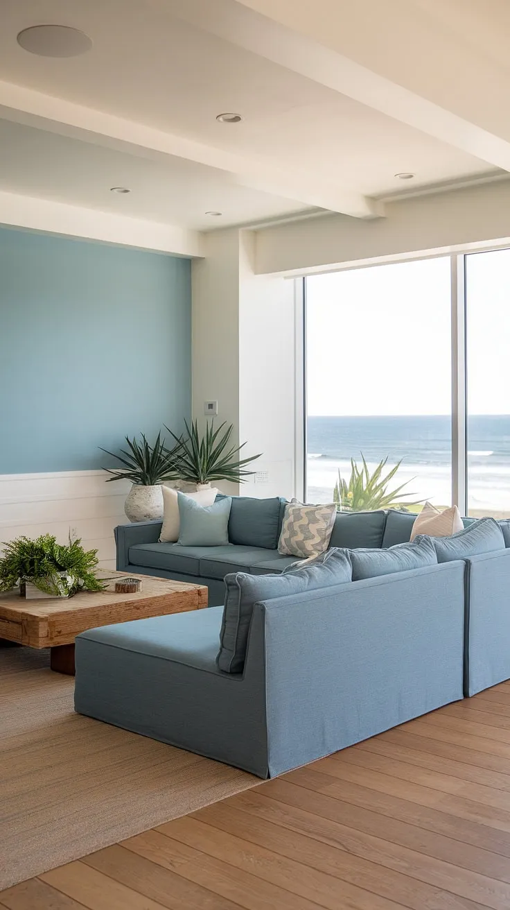 Bathed in sunlight, this warm coastal living room embodies modern coastal design.  The light blue coastal sofa anchors the space, creating a tranquil yet inviting atmosphere perfect for transitional coastal living.  A perfect blend of comfort and style for modern coastal living.