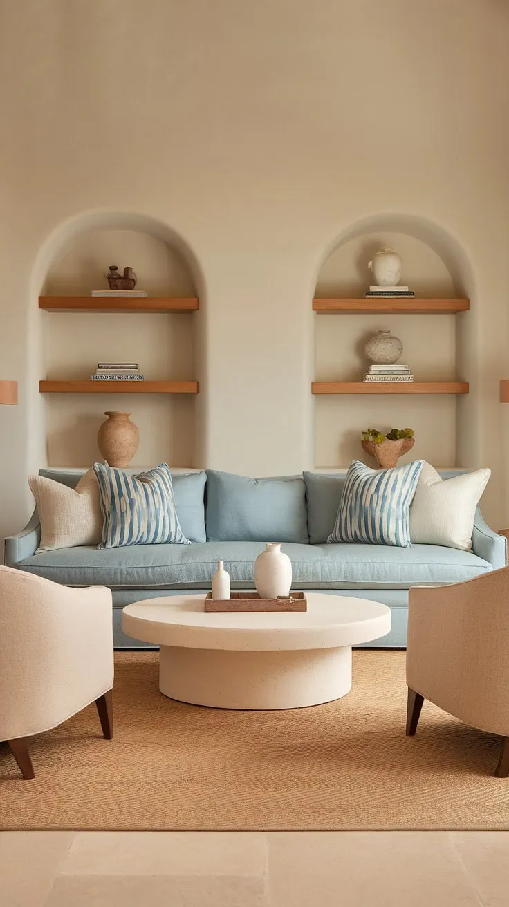 Bathed in sunlight, this warm coastal living room embodies modern coastal design.  The light blue coastal sofa anchors the space, creating a tranquil yet inviting atmosphere perfect for transitional coastal living.  A perfect blend of comfort and style for modern coastal living.