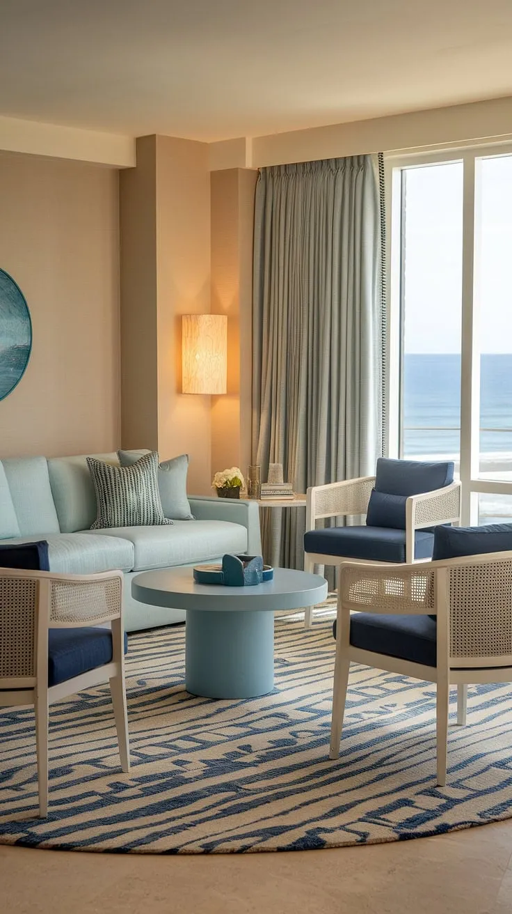 A light blue coastal living room, effortlessly chic. This modern coastal living room embraces a warm and inviting aesthetic, showcasing the beauty of coastal living rooms with blue sofa in a transitional coastal living room setting.
