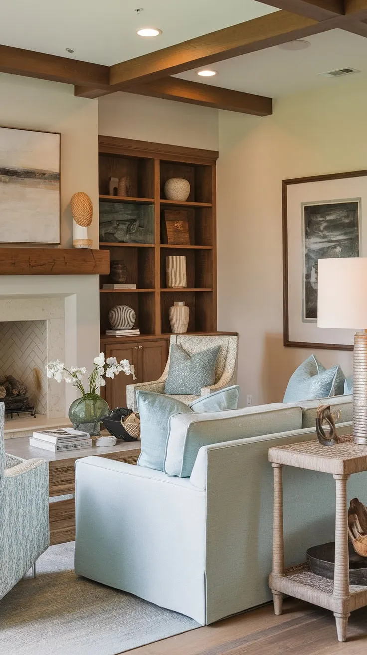 Bathed in sunlight, this warm coastal living room showcases the perfect blend of modern and transitional design.  The light blue coastal living room sofa anchors the space, creating a serene and inviting atmosphere that embodies coastal design living room perfection.