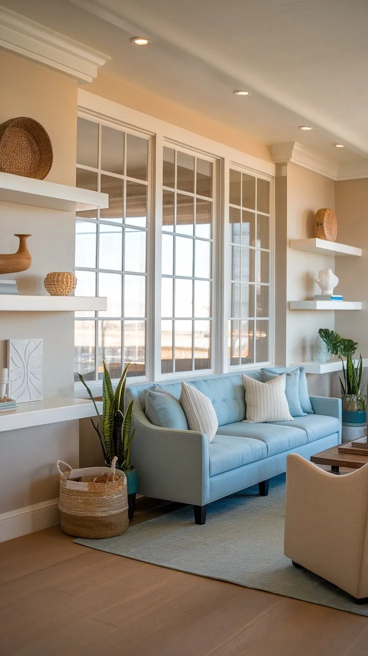 A light blue coastal living room, effortlessly chic. This modern coastal living room embraces a warm and inviting aesthetic, showcasing the beauty of coastal living rooms with blue sofa and a sophisticated transitional coastal living room style.