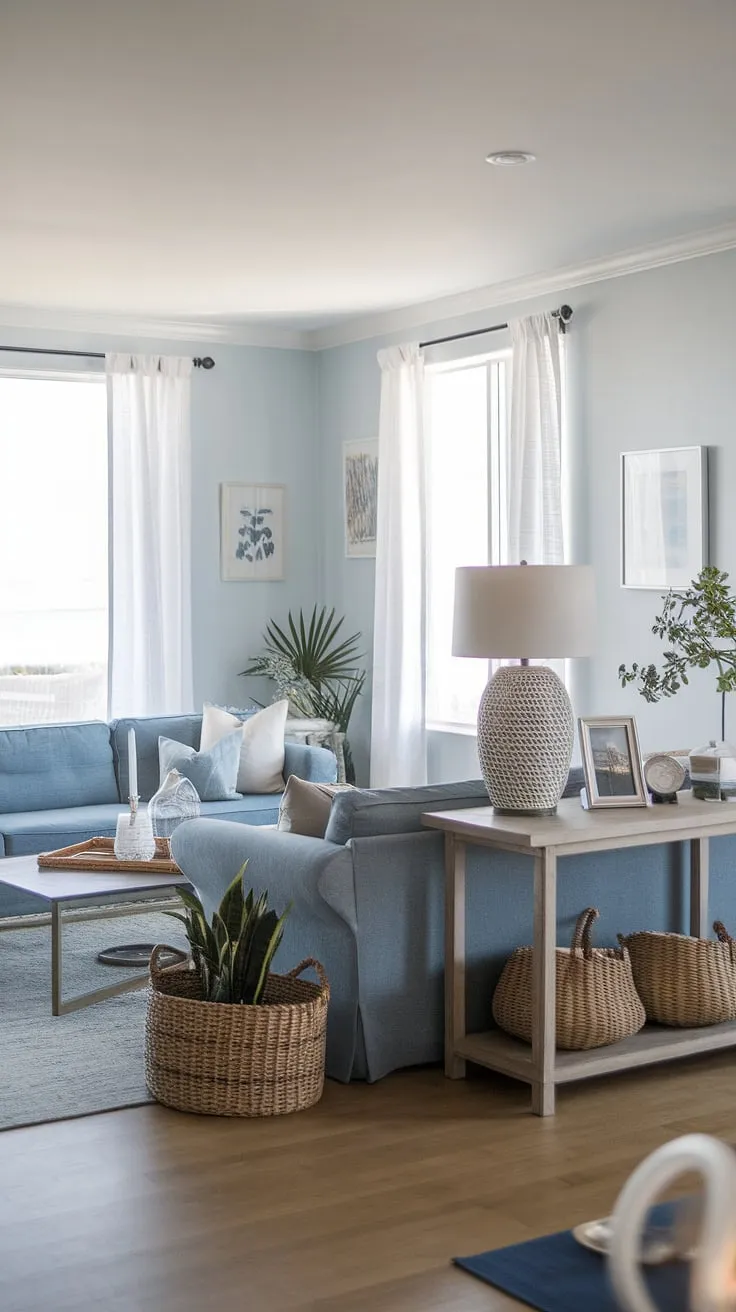A light blue coastal living room, effortlessly chic. This modern coastal living room's transitional coastal design balances warmth and breezy coastal vibes, making it the ultimate space for relaxation and stylish coastal living rooms with blue sofa comfort.