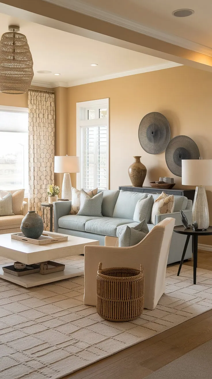 Bathed in sunlight, this warm coastal living room showcases the perfect blend of modern and transitional design.  The light blue coastal living room sofa anchors the space, creating a serene and inviting atmosphere that embodies coastal design living room perfection.