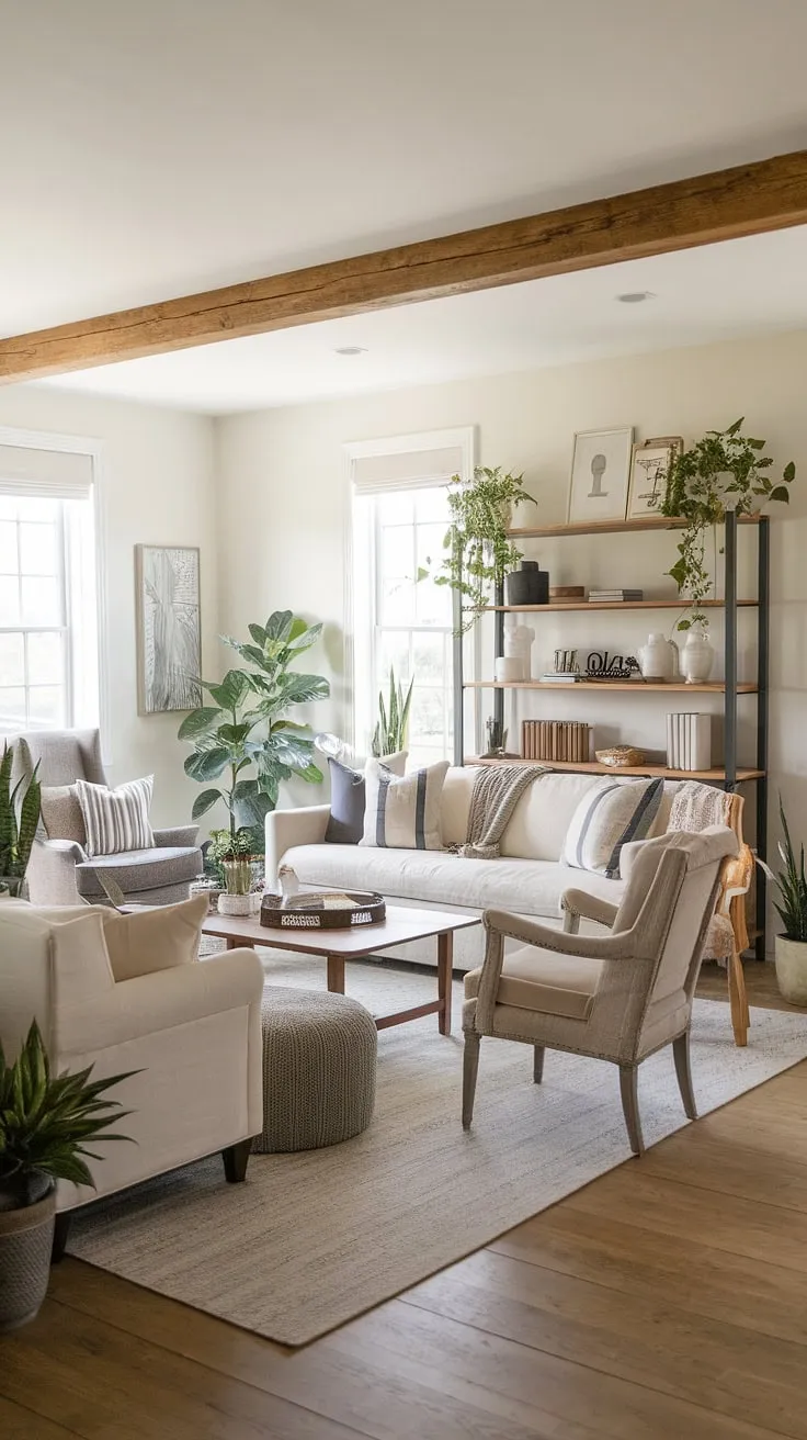 This cozy farmhouse living room seamlessly blends modern contemporary design with organic modern elements, creating a space that's both stylish and inviting.  It's the perfect example of modern farmhouse living room ideas for those seeking a warm and sophisticated atmosphere in their organic modern home.