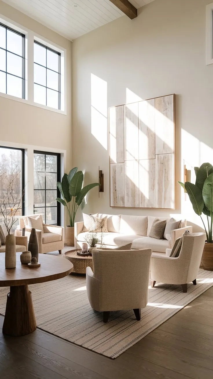 This organic modern living room seamlessly marries modern farmhouse living room style with a touch of contemporary elegance.  High ceilings and natural light enhance the feeling of spaciousness, while the carefully curated details create a truly inviting and comfortable space.  Perfect for those seeking modern farmhouse living room ideas.