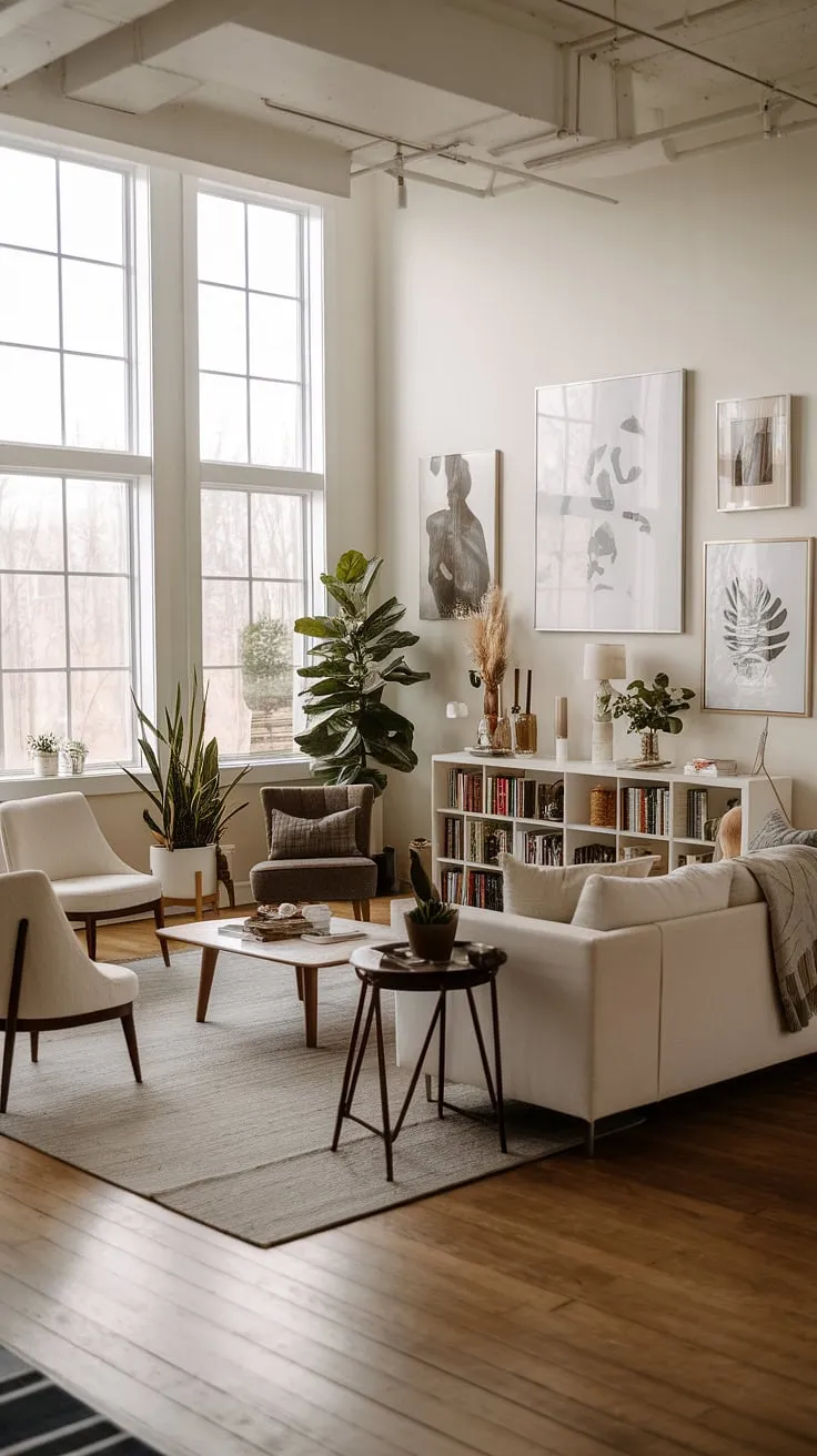 This cozy farmhouse living room reimagines modern farmhouse living room style with a touch of organic modern home aesthetic.  The modern contemporary living room's clean lines and natural materials create a serene and welcoming atmosphere, offering plenty of farmhouse living room ideas for your own space.