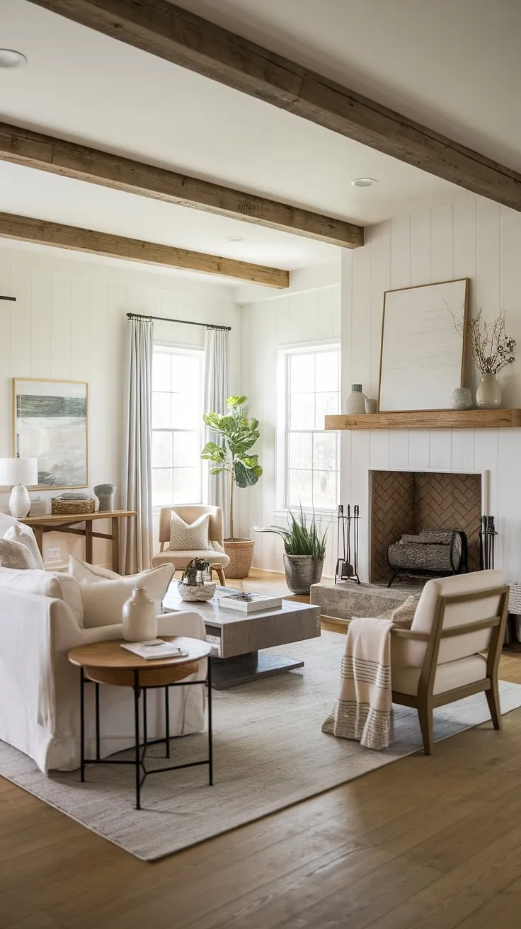 This cozy farmhouse living room seamlessly blends modern contemporary elements with organic modern design, creating a space that's both stylish and inviting.  It's the perfect example of modern farmhouse living room ideas for a comfortable and sophisticated organic modern home.