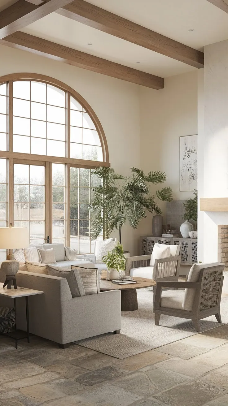 This cozy farmhouse living room seamlessly blends modern contemporary design with organic modern elements, creating a space that's both stylish and inviting.  The result is a perfect example of modern farmhouse living room ideas for an organic modern home.