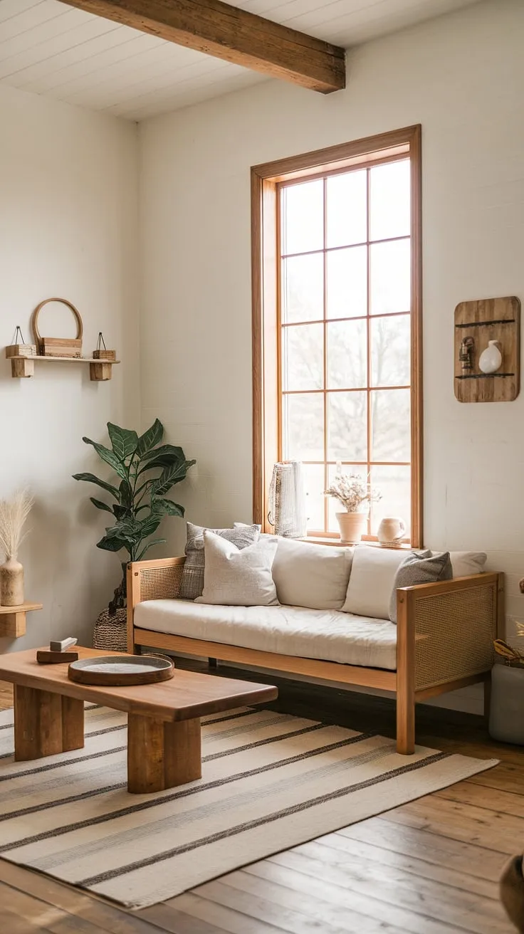 This cozy farmhouse living room seamlessly blends modern contemporary elements with organic modern design, creating a space that's both stylish and inviting.  It's the perfect example of modern farmhouse living room ideas for a comfortable and sophisticated organic modern home.