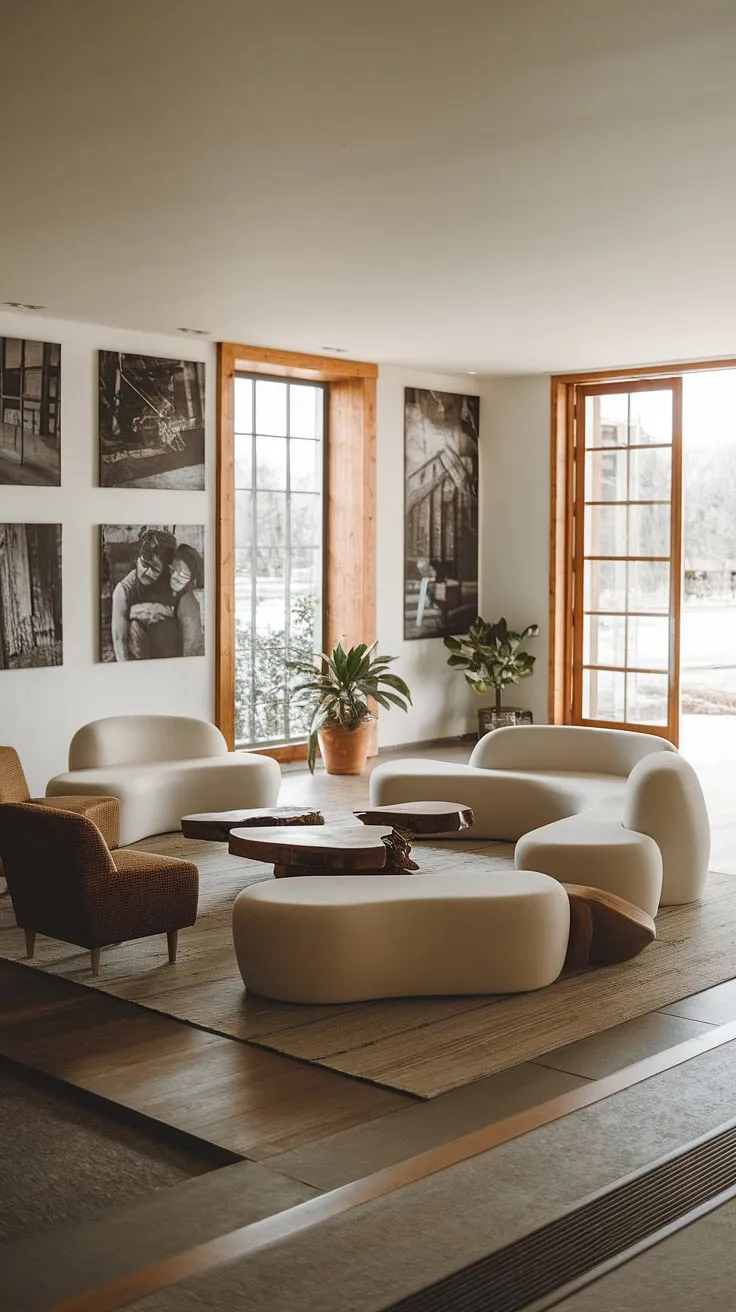 Where modern contemporary design meets cozy farmhouse charm. This organic modern living room seamlessly blends clean lines with rustic textures, offering the perfect space for relaxation and connection.  Farmhouse living room ideas come alive in this inviting atmosphere.